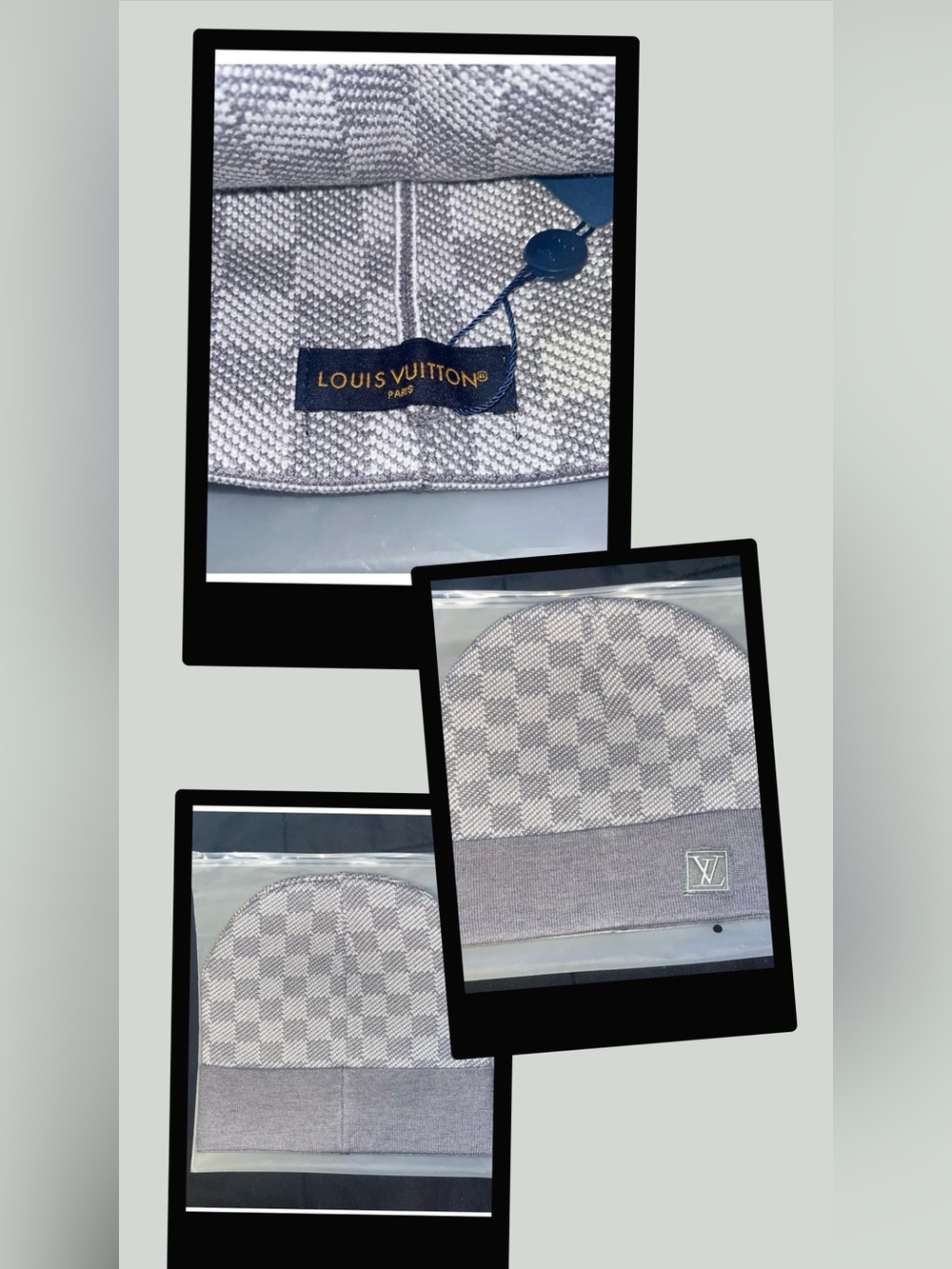 Louis Vuitton Hat Heather Grey Checkered Winter Beanie Cap LV Logo Patch NEW